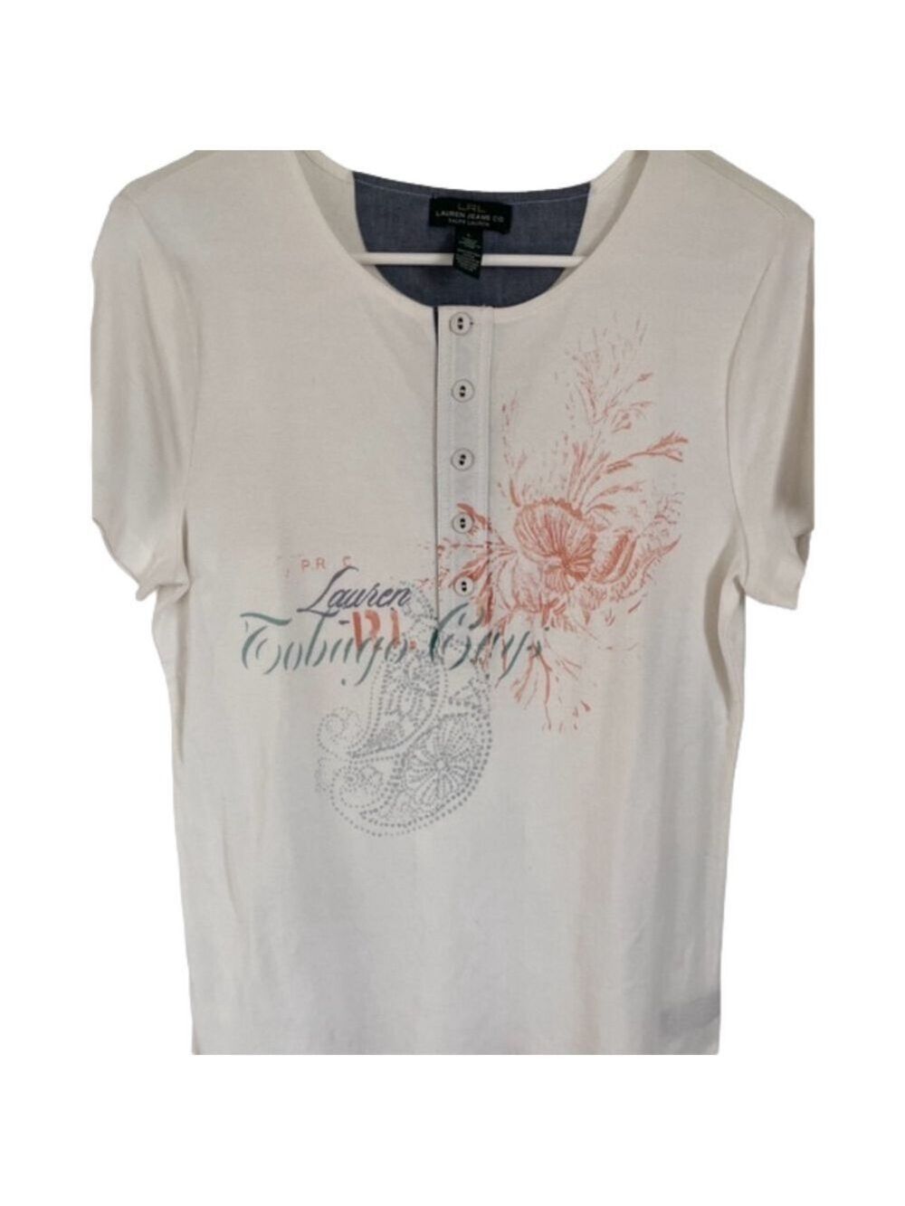 LRL Lauren Jeans Co Ralph Lauren White Shirt Women’s Button Short Sleeve Size L